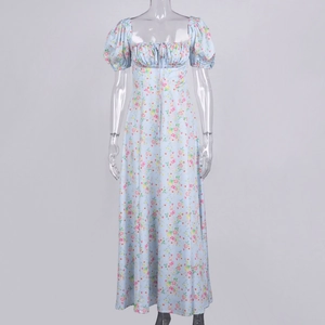Detail of light blue floral dress showing square neckline with drawstring and puff sleeves