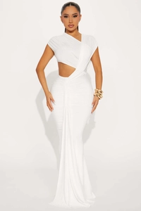 Detail of white asymmetric neck dress with side waist cutout and ruched fishtail hem