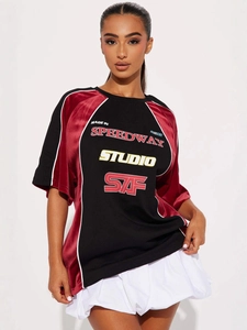 Women's American vintage racing style T-shirt with color block satin patchwork