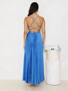 Elegant royal blue backless pleated maxi dress with crisscross straps and satin finish