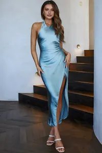 Detailed view of the elegant grey-blue satin halter dress with a high side slit detail
