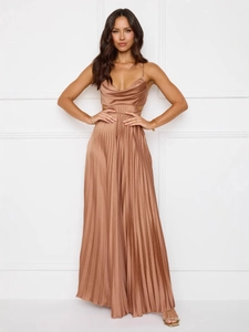 Elegant champagne gold pleated maxi dress with sexy cowl neck and waist cut-outs