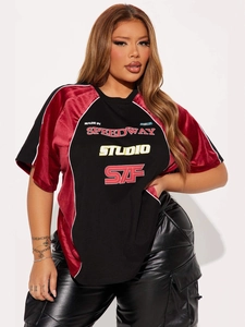 Vintage American street style T-shirt with color block velvet sleeves and graphic print
