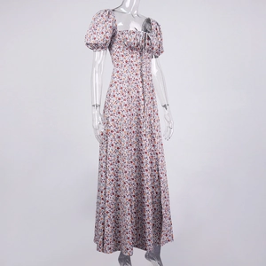 Detailed view of floral pattern, square neckline and puff sleeves on a summer midi dress