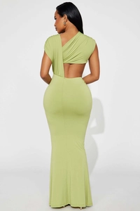 Detail view of avocado green slim-fit dress showing cutout back and pleated drape