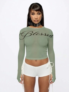 Maglia in rete verde chiaro a maniche lunghe con stampa di lettere Blessed nere