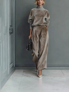 Women Casual Golden Velvet Two Piece Set Turtleneck Long Sleeve Top And Wide Leg Pants Solid Color Fall Winter Warm Outfit