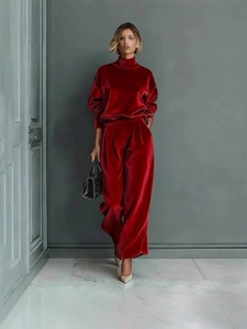 Deep red velvet tracksuit with high-neck long-sleeve top and wide-leg pants for women