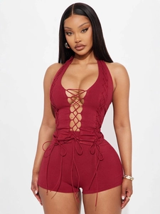 Women's Sexy Halter Lace-up Two Piece Set Ribbed Knit Sleeveless Top And Slim Fit Shorts Solid Color Burgundy Streetwear Outfits