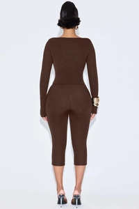 Rear view of women's chocolate brown two-piece set with long sleeve top and slim leggings
