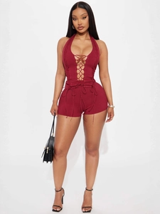Sexy wine red halter neck lace-up bodysuit and shorts set with ribbed knit texture