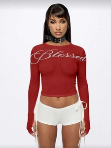 Top Corto da Donna Sexy in Rete a Manica Lunga con Stampa Lettere Blessed Vestibilità Slim Girocollo Y2K Streetwear Moda T-Shirt