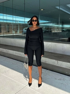 Women Asymmetrical Neck Long Sleeve Top And Capri Pants Outfit Solid Color Slim Fit Fashion Casual Elegant Wear