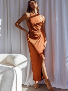 Elegant bronze satin halter neck maxi dress with high slit and sleeveless design