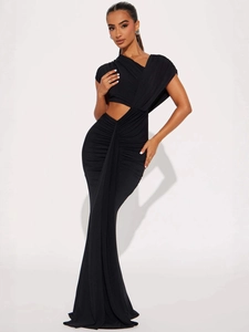 Elegant black one-shoulder fisheye evening dress with draped details and waist cutout