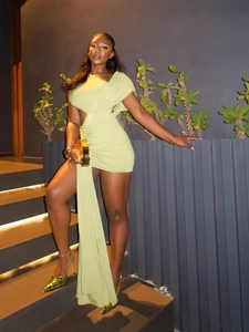 Robe Bodycon Sexy pour Femmes Une Épaule Plissée Vert Avec Découpe Sans Manches Clubwear Fête Avec Ruban Long Detail
