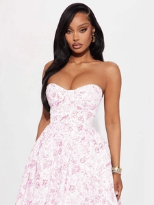 Women French Toile De Jouy Strapless Midi Dress Elegant Floral Print Slim Fit A-Line Sweetheart Neckline Party Dress