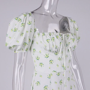 Detail of floral dress square neck with ruching and adjustable drawstring ties