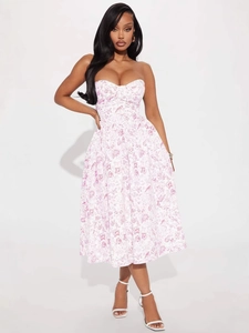 Floral print strapless midi dress with slim fit bodice and A-line silhouette in white and pink
