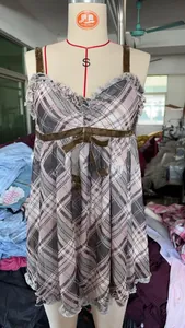 Detail of sweet plaid camisole dress with velvet bow and delicate ruffle trim