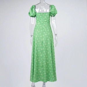 Rear view of floral split maxi dress showing square neck and back zipper detail