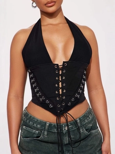 Sexy black halter corset top with front lace-up detail and pointed hem for women