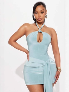 Halter Neck Keyhole Cutout Bodycon Mini Dress Sleeveless Solid Color Side Tie Ruched Sexy Club Party Dress For Women
