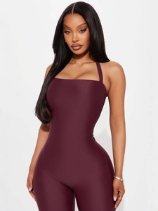 Combinaison Sexy Halter Neck Dos Nu Étrier Bodycon Soie de Lait Une Pièce Romper Long Slim Fit Clubwear Fête Femme Vêtement