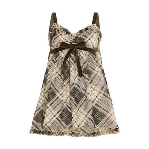 Retro plaid spaghetti strap dress with lace trim and velvet bow in a sweet A-line style