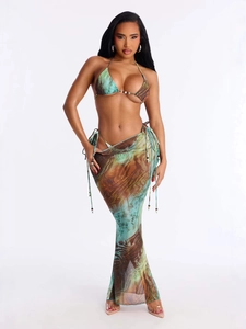 Bikini Dos Nu pour Femmes Haut Et Bas Avec Jupe Longue en Maille Imprimée Sexy Dos Nu Tenue de Plage Vacances en Polyester
