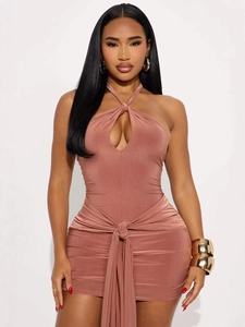 Halter neck cutout bodycon dress in terracotta pink with waist knot detail