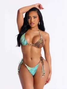 Ensemble bikini 3 pièces avec haut dos nu, culotte à nouer et jupe longue imprimée