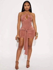 Chic dusty rose halter mini dress with cutout bust and waist tie for party