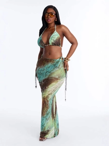 Ensemble bikini 3 pièces imprimé avec haut dos nu et jupe longue longue semi-transparente