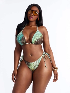 Ensemble bikini 3 pièces avec haut licou et jupe à imprimé jungle et détails perlés