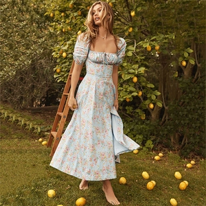French vintage floral split maxi dress with puff sleeves and square neck in light blue