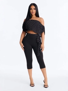 Women Top And Bottom Polka Dot Off-Shoulder Ruched Top And High Waist Seven-Quarter Pants Set Casual Summer Streetwear