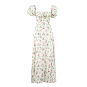French floral split maxi dress with square neck and puff sleeves in sage green
