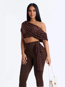 Women's off-shoulder polka dot crop top and high waist pants set in dark brown
