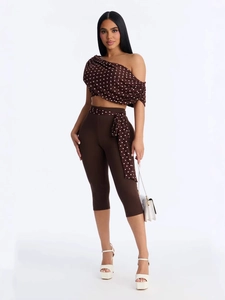 Women's brown polka dot off-shoulder crop top and high waist capri leggings set