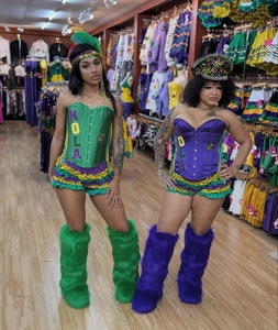 Detailed shot of Mardi Gras corset and faux fur leg warmers with NOLA embroidery