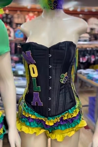Detail of NOLA sequin corset with Mardi Gras ruffles and fleur-de-lis patch