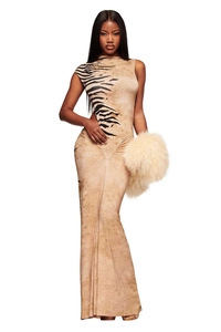Detailed animal print pattern and waist ruching on the khaki floor-length slim dress
