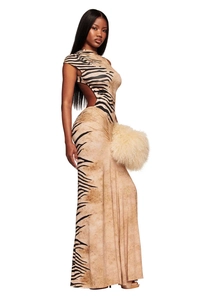 Detail of tiger print maxi dress showing backless cut and waist hollow-out design
