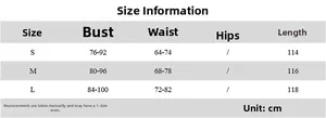 Detailed size chart for lace backless dress showing S, M, and L measurements in cm