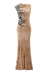 Detail of tiger print pattern and V-shaped pleated waist on a slim backless maxi dress