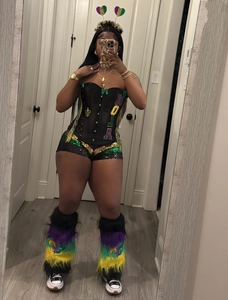 Women's Mardi Gras corset set with NOLA sequin shorts, faux fur leg warmers and headband