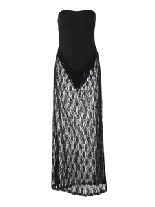 Detail of sheer floral lace skirt and strapless bodice on a black sexy dress