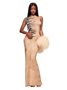Sexy Khaki Animal Print Backless Maxi Dress Sleeveless Mock Neck Tiger Stripe Bodycon Slim Fit Long Dress For Women Summer