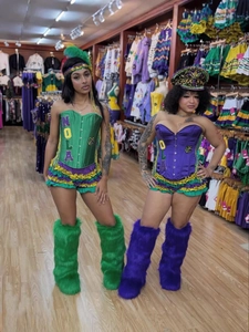 Women Mardi Gras Carnival Costume Satin Corset Ruffle Shorts Faux Fur Leg Warmers Sequin Hat Feather Headband Festive Outfit